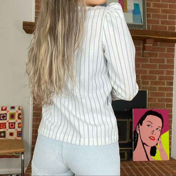 Vintage 80s Manhattan Plaza Bold Pinstripe Puff Sleeve Blazer Top USA Ma… - Picture 4 of 16